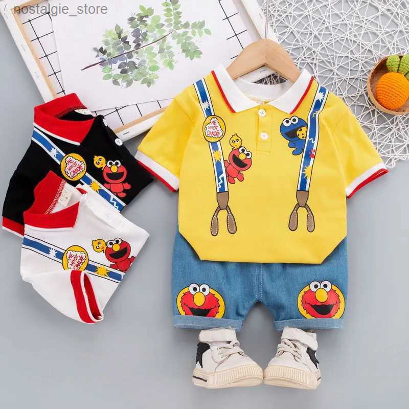 Baby Clothing Cute Sesame Street Printed Clothing Set Summer Soft Polo T-shirt+Shorts 2-piece Set W250317 y250607M6L0