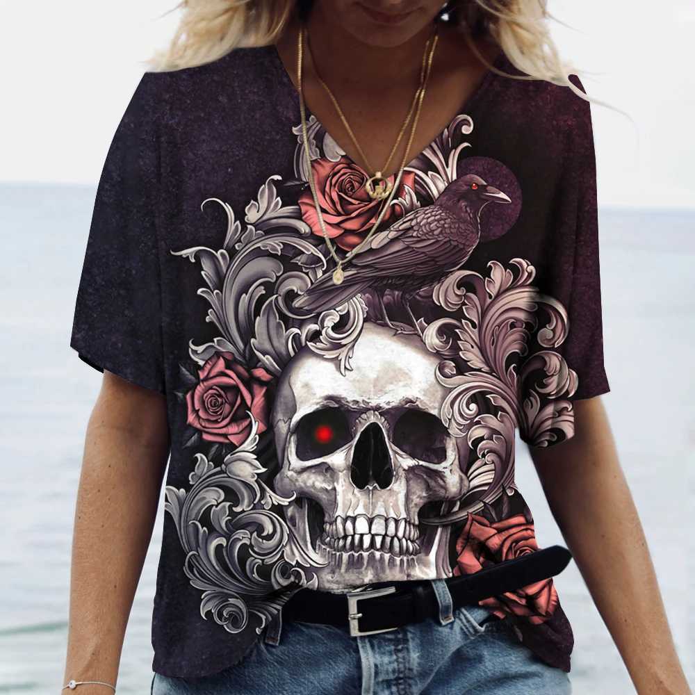 Skulls T-shirt Womens Shirt Fashion Short Sleeve New Casual Top Tee Ladies Girl Clothing V Neck T Shirt For Women W250607