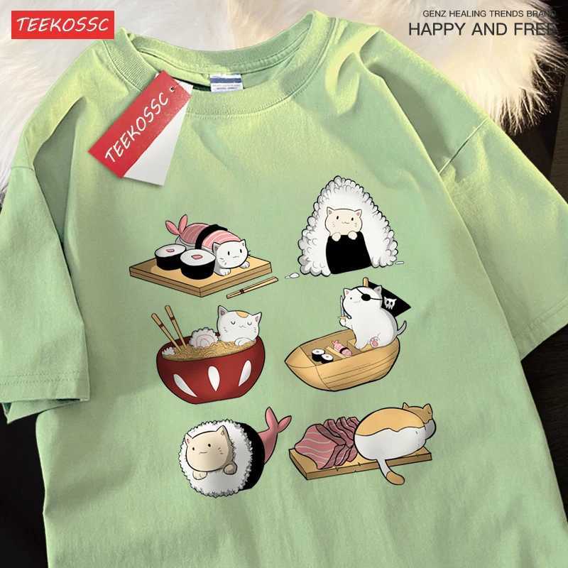 Cute Funny Sushi Cat Printing Mens T-shirts Hip Hop Oversize T-Shirt Fashion Summer Tops Casual Loose Couple T Shirts Soft New X250607