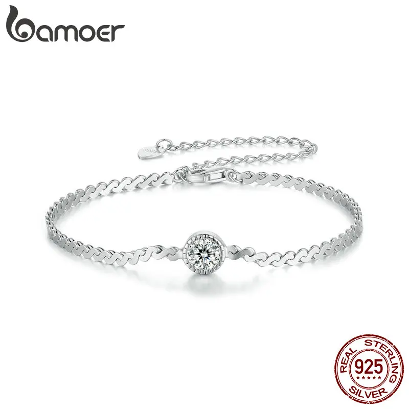BAMOER 925 Sterling Silver 0.5CT Sparkling Moissanite Bracelet Bezel Setting Lab Diamond Chain Link for Women Anniversary Gift Tester moissanite