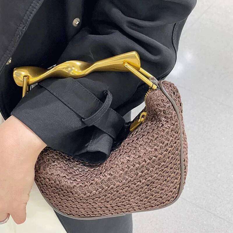 Mini Straw Woven Bags For Women Designer Handbag Purses 2025 New In Vintage Metal Handle Chain Strap Hobos Wrist Shoulder