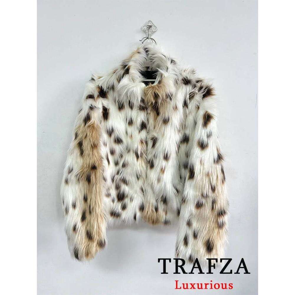 TRAFZA Vintage Leopard Chic Women Faux Fur O-Neck Long Sleeve Thick Jackets Fashion 2024 Autumn Winter Street Female Coat
