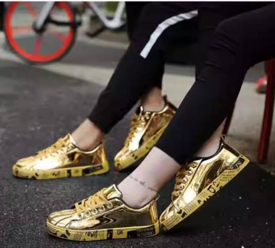 Ddmyoutdoor Gold Sier Black Leather Casual Men Bling Hip Hop Couple Shoes Lace Up Sneakers Outdoor Footwear Street Shoes Outdoor