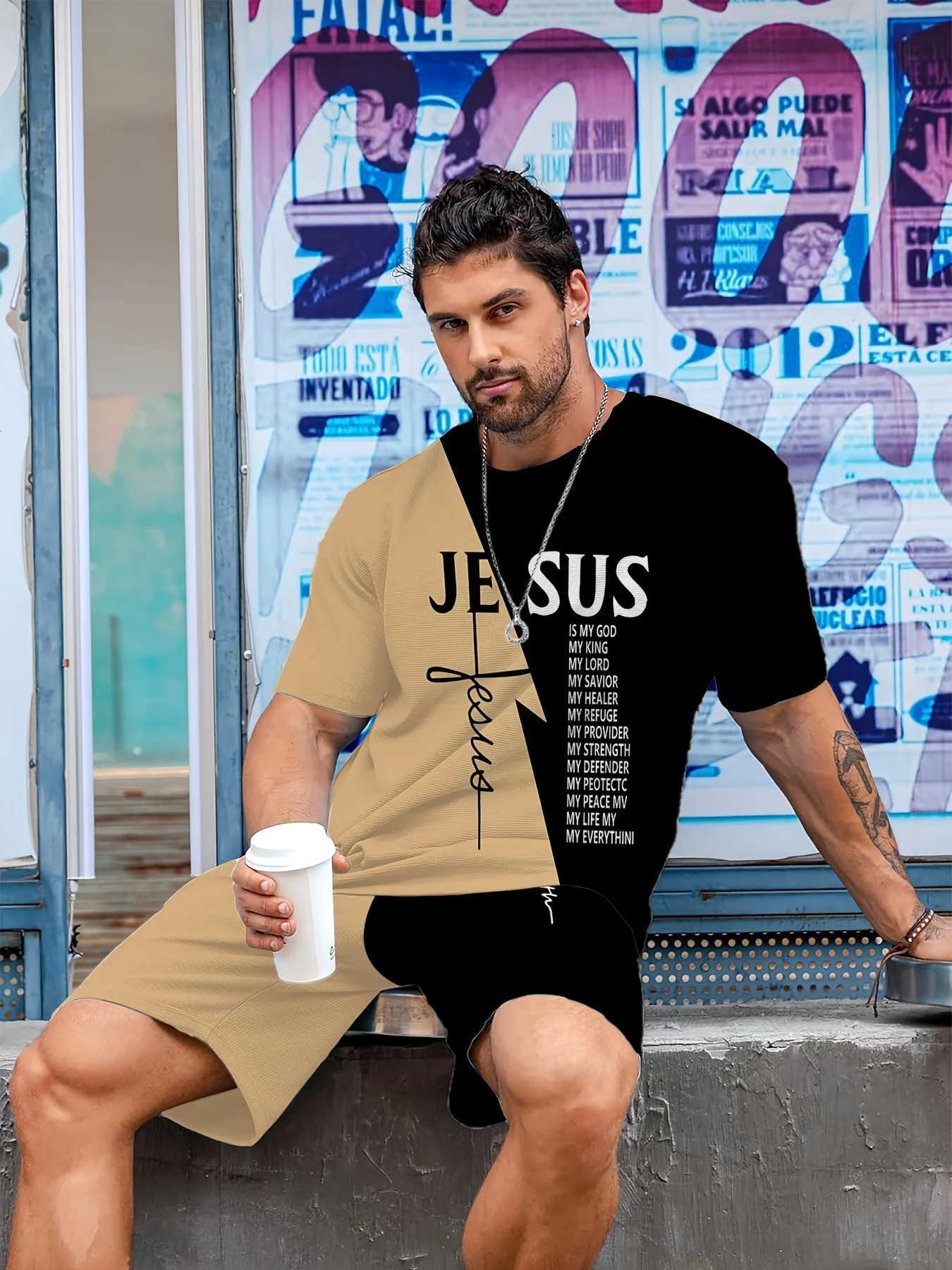 New Mens Summer Refreshing Breathable T-shirt Shorts Two-Piece Set Unique Black and Brown Splicing Letter W250609