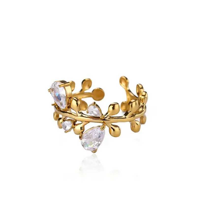 Fashion Zircon Leaves Rings For Women Gold Color Stainless Steel Leaves Ring Couple Wedding Minimalist Jewelry anillos mujer W250606