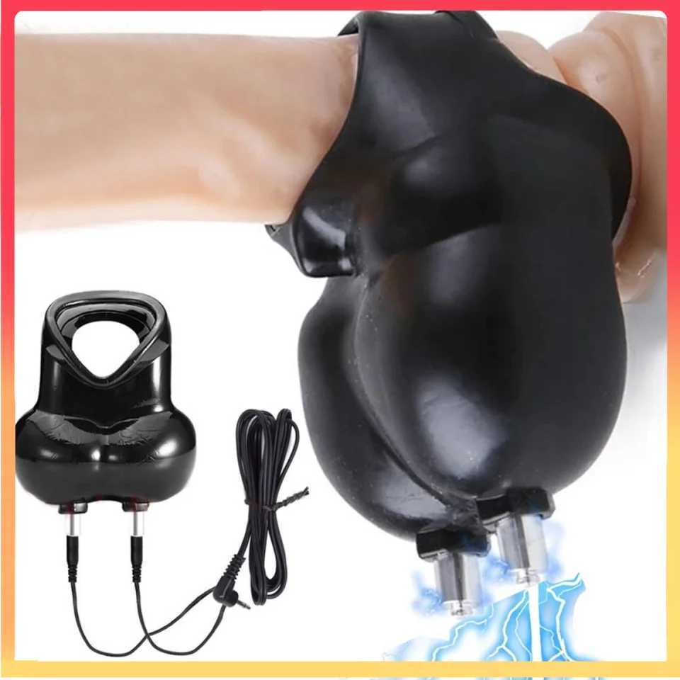 Electric Shock Testicle Stimulator Chastity Cage Male Electro Scrotum Pouch BDSM Bondage Cock Scrotum Sleeve Trainer E-stim Toys XJ250607