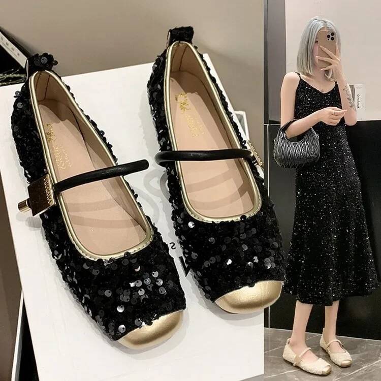 ddmyoutdoor Elegant Fashion Sequin Mary Jane For Women Spring Flat Ankle Strap Woman Comfort Low Heels Single Shoes Outdoor Outdoor Shoes
