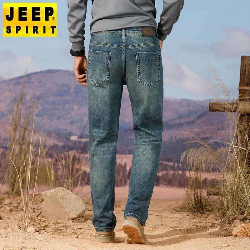 Autumn/Winter New Men's Vintage Straight-Leg Jeans Loose Fit Embroidered Mid-Waist Elasticity Casual Style Lantern Waistband