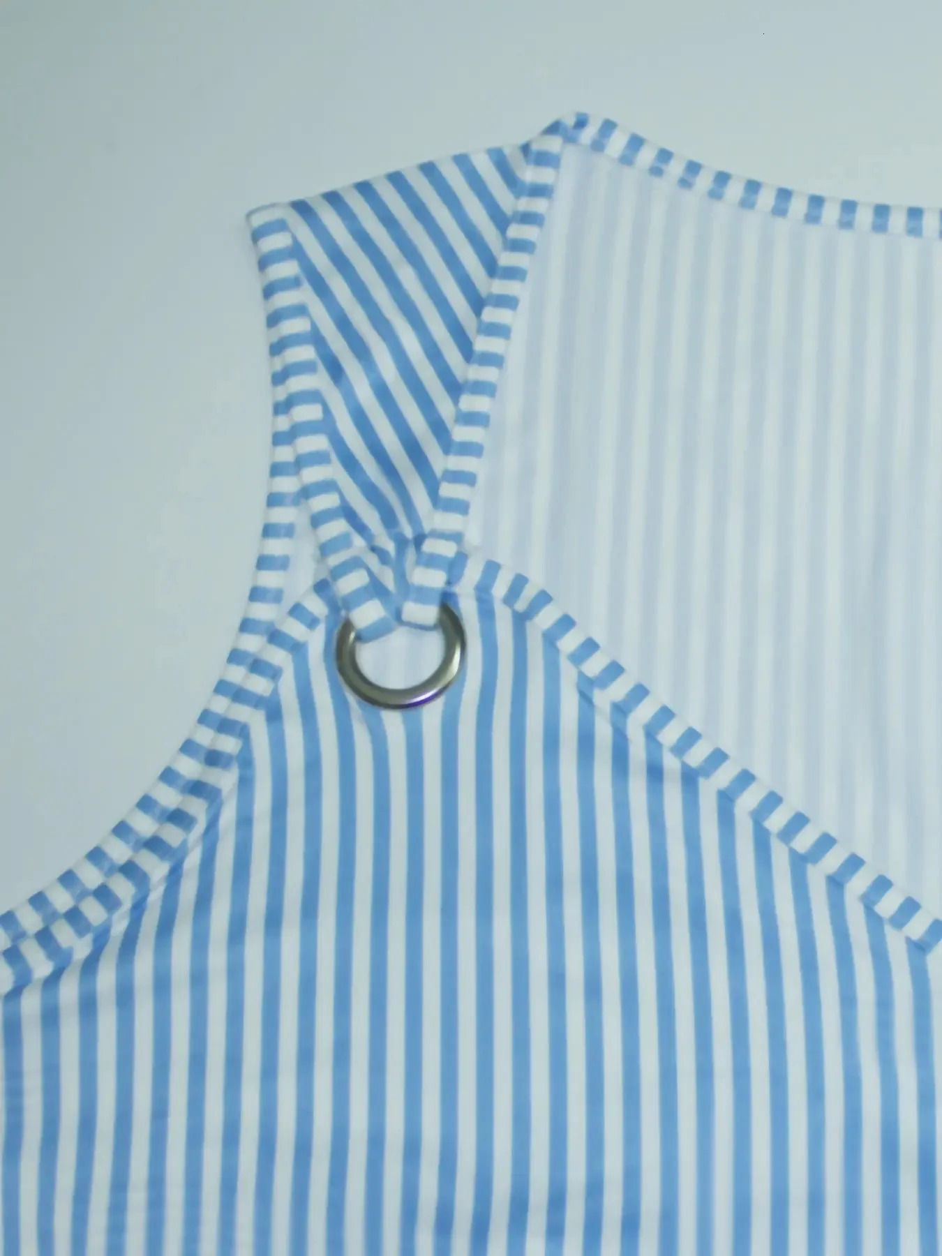 blue and white striped sleeveless Vneck pocket plus size womens dress for summer 250526