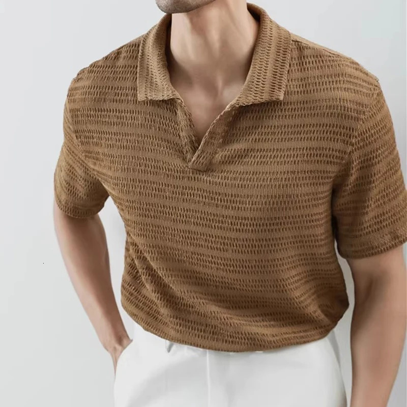 Stylish Mens Short Sleeve Polo Shirts Knit Hollow Out Breathable Polo Neck Tops Men Summer Casual Solid Color Knitted Polos 250605