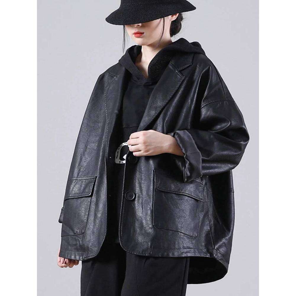 Amax luluE 2025 Autumn England Designer Womens Black Faux Leather Jackets Loose Casual Biker Coat Females Haruku Pu Streetwear
