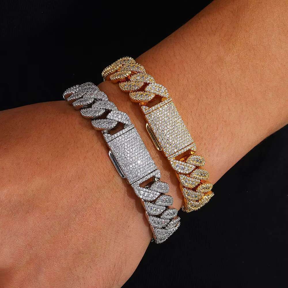 14mm Flip Button S925 Silver Moissanite Cuban Chain Mens Bracelet Trend Accessories