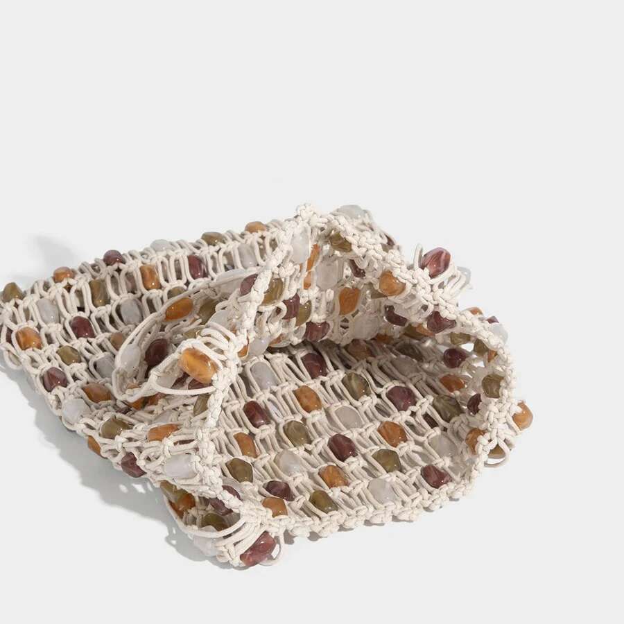 Women Hand-Woven Beaded Design Color-Blocking Tote Patchwork Net Woven Shoulder Bag Summer Hollow-Out Beach Handbag Bolsa