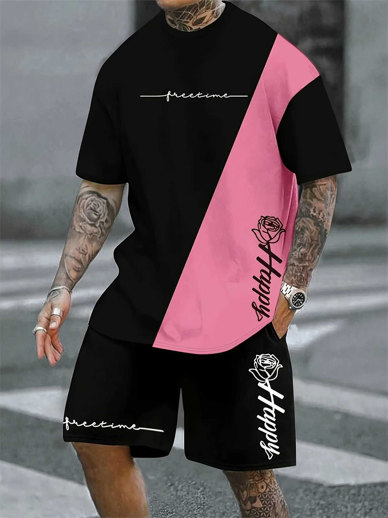 Digital Printed Summer Rose Pattern Printed Mens Round Neck Short Sleeve T-shirt and Drawstring Shorts Outdoor Sportswear W250609