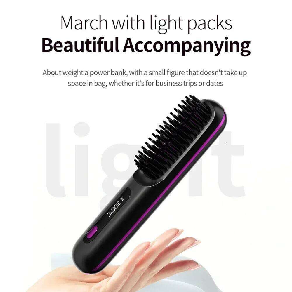 Convenient Mini Cordless Hair Straightener Brush With 3 Setting LED Temperature Display Electric Negative Ions Ceramic Hot Comb