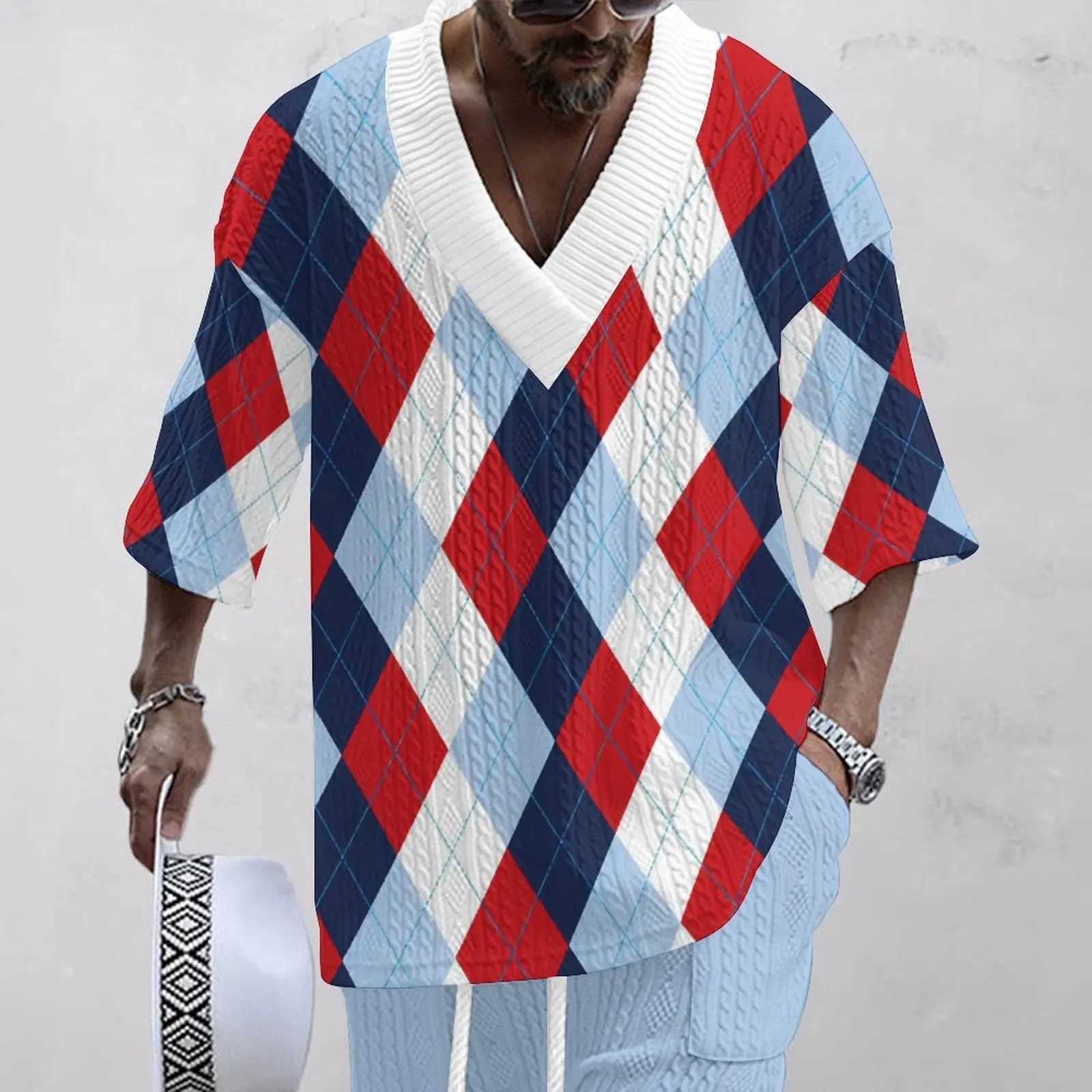 High Quality Mens Set 2024 Summer New Cool 3D Printed Mens Clothing V-neck Short-sleeved T-shirt And Shorts Two-piece set W250609