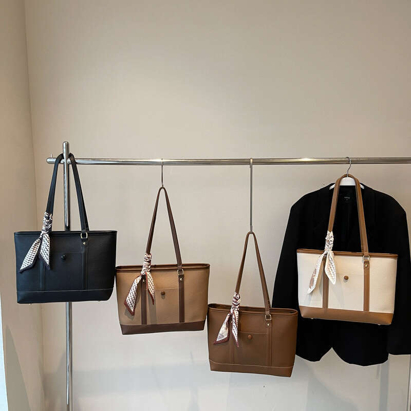 2025 New Niche Design for Women Color Block Stitching College Student Class Shoulder Versatile Commuter Tote Bag