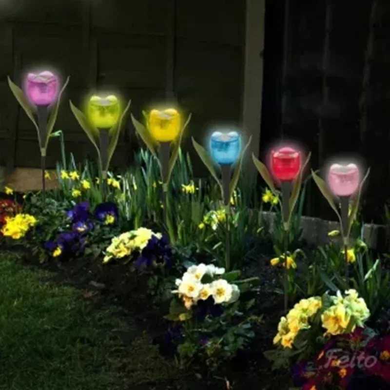 Solar LED Light Outdoor Tulip Rose Flower Lamp Landscape Garden Decor Lawn Lamp Waterproof Garden Lights Outdoor Solar Lights XJ250606