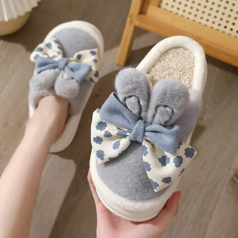 Ddmyoutdoor Women Winter Warm Bows Slippers Female Indoor Fluffy Cotton Shoes New Couple Plush Comfort Soft Sole House Slides Beach outdoor shoes