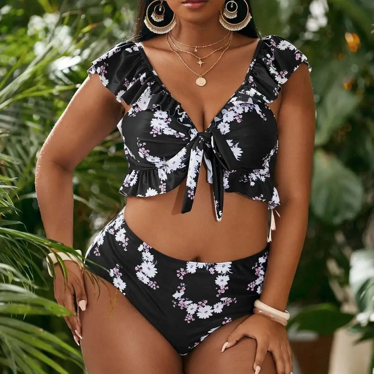 Large Size Split Swimsuit Womens Print Lace Up Bikini Beach Vacation 2025 Party Summer Elegantes Casual Y2k 250603