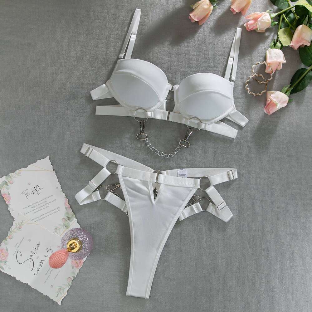 Erotic Bridal Sensual Hollow Cross Straps Women's Clothing With Metal Chain Push Up Bra Cut Out Panty Lingerie Set