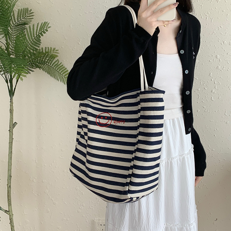 designer Striped Canvas Bag for Women 2025 New Trend Korean Casual Tote Bag Student Large Capacity Shopping Bag