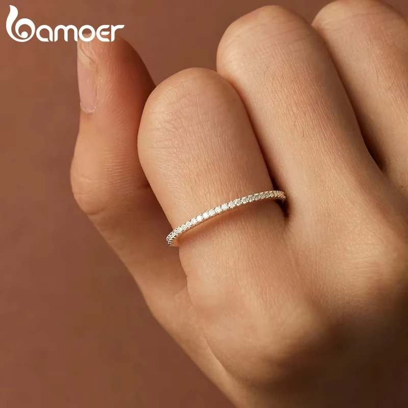 BAMOER Simple Moissanite Eternity Bands Minimalist Stackable Ring 925 Sterling Silver for Women Engagement Fine Jewelry Gift Special Occasions