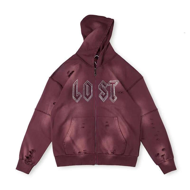 Streetwear Lost Rhinestone Hole Zipper Hooded Jacket Hoodies for Men Washed Baggy Casual Sweatshirts Oversized Cardigan Hoody