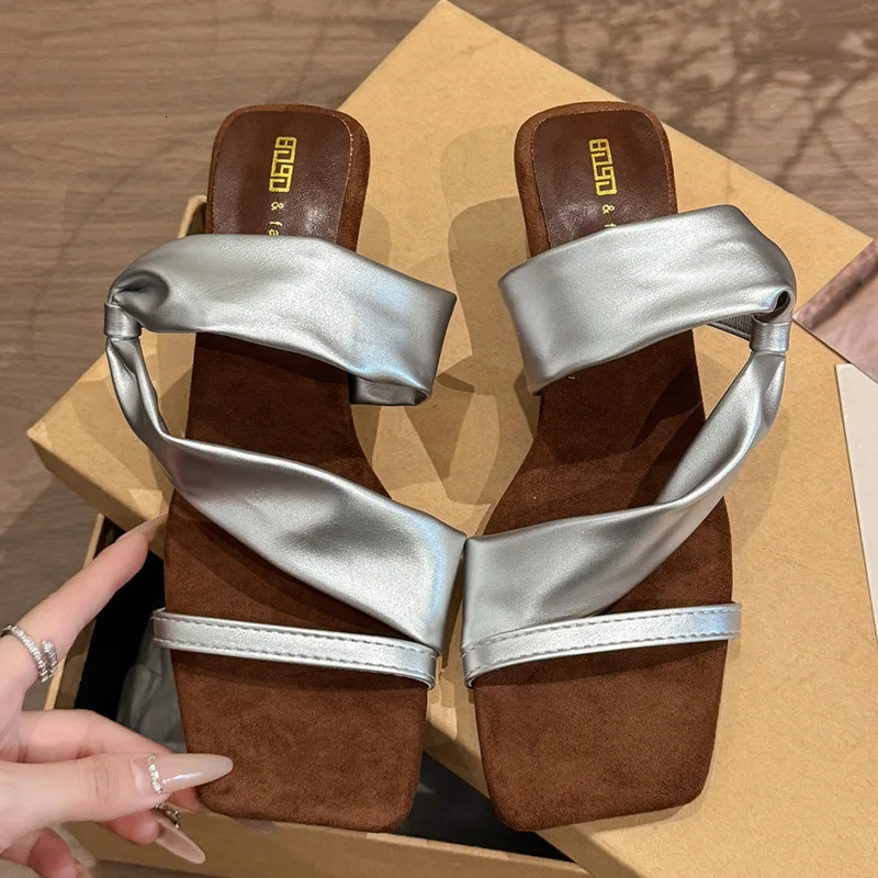 Silver Lightweight Med Heels Sandals for Women Summer Comfort Casual Strange Heels Shoes Pu Leather Square Toe Beach Sandals 250605