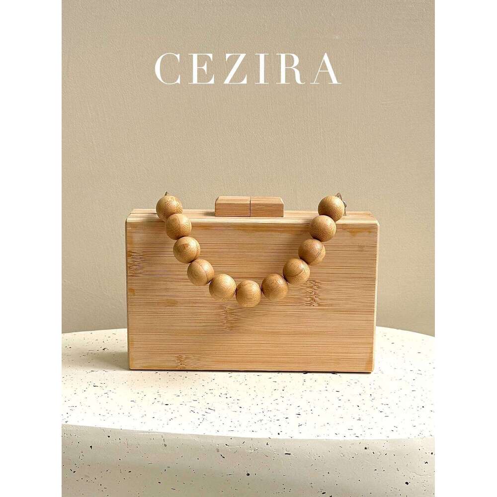 CR Summer Vacation Women's Fashion Elegant Bamboo Clutch Square Handbag Wood Beaded Handle Long Chain Cross Body Evening Purse
