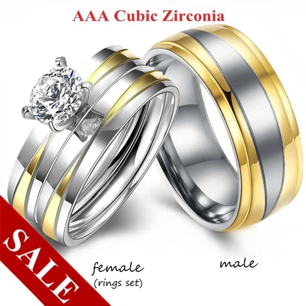 Fashion Couple Rings Women White Crystal Rhinestones Rings Set Men Stainless Steel Rings Wedding Band Jewelry Gifts For Lover W250606