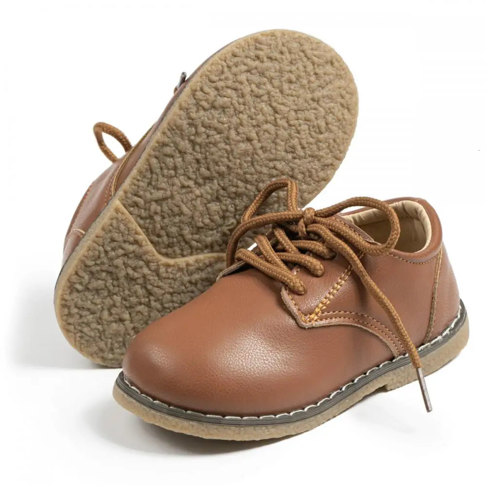 Childrens Fashion Leather Shoes Versatile Casual Shoe Solid Color LaceUp Boys Girls NonSlip Waterproof Rubber Sole 250604z