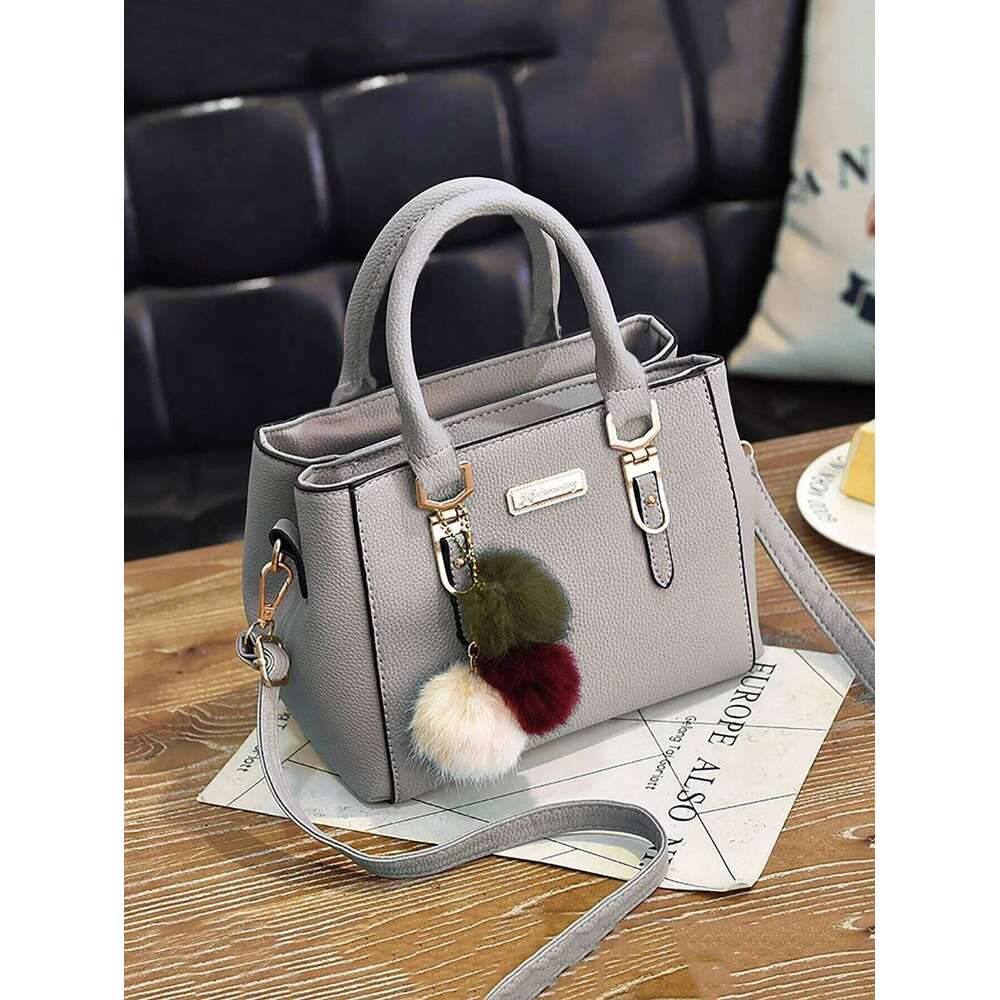 Waterproof,Lightweight,Business Casual Trendy Double Handle Satchel Bag, Pompom & Metal Decor Purse, Women's PU Crossbody Bag Pe