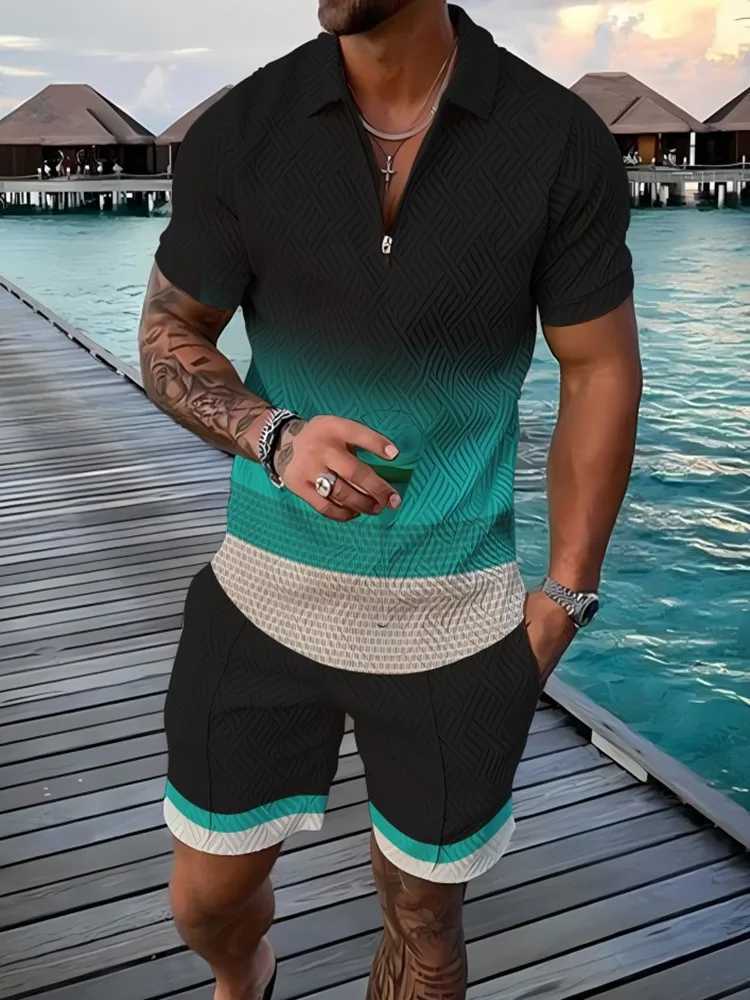 New Summer Mens Polo Shirt Set 3D Printed Short Sleeve+Shorts Two-piece Set Outdoor Leisure Fashion Zipper Polo Sportswear Tops W250609