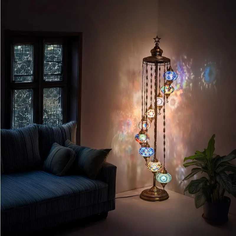 9-Globe Turkish Moroccan Mosaic Floor Lamp - 70 Tall Handmade Bohemian Tiffany-Style Lighting for Bedroom Living Room W250607