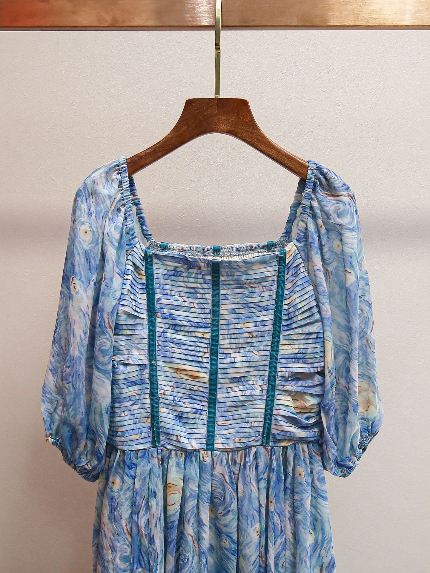 XR170 French elegant retro holiday style square neck waist print long dress