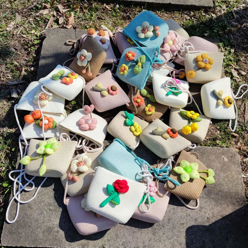 lovely Girls Summer Straw Shoulder Bag Cute Flower Childrens Woven Phone Purse Handbags Beach Travel Baby Kids Crossbody Bags 250605