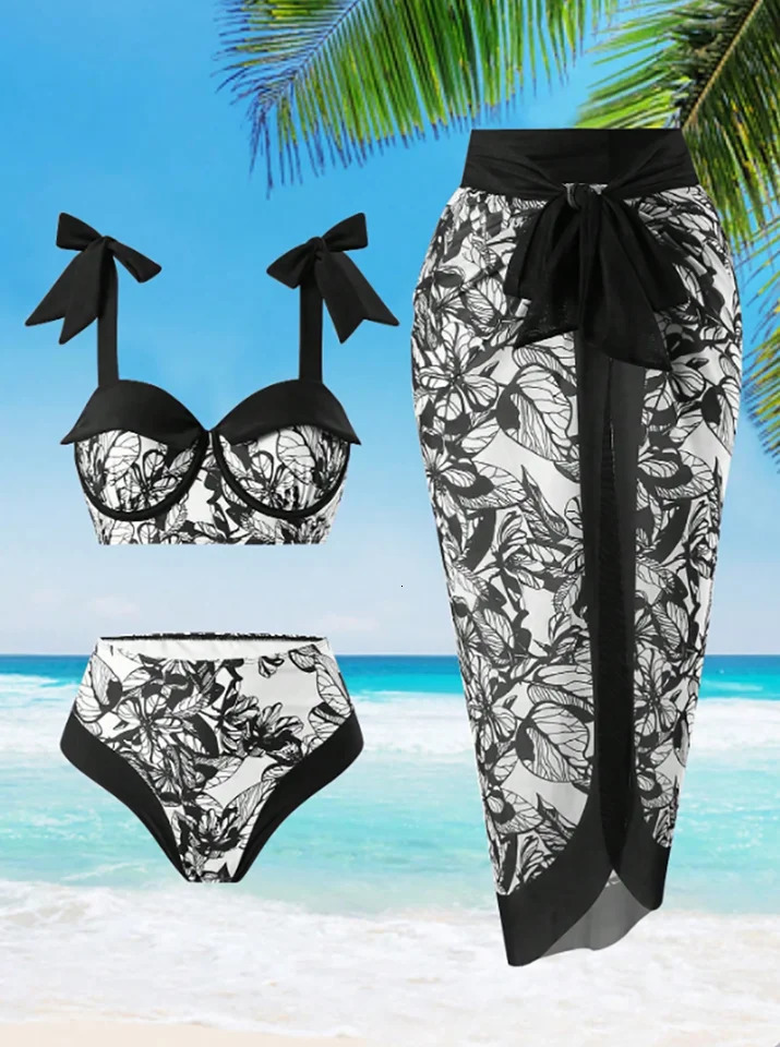 2025 Women Bikinis Set With Cover Swimsuit Swimwear Plus Size Push Up Large Big Floral Swimming Suits Beachwear Bathing 250603