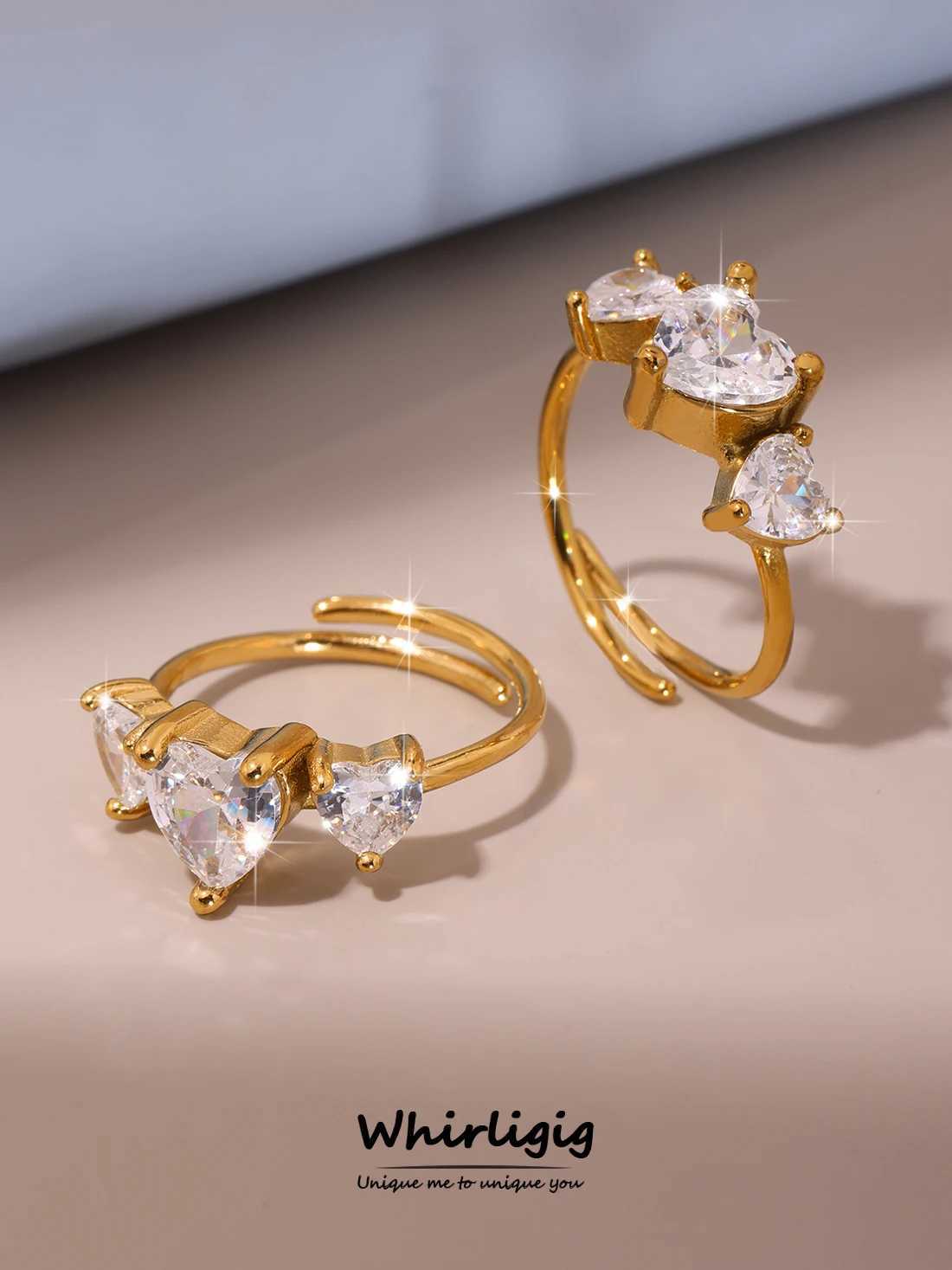 Bright Love Heart Zircon Rings For Women Gold Plated Stainless Steel Adjustable Female Ring Luxury Woman Jewelry XJ250606