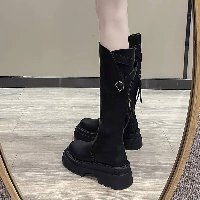 Ddmyoutdoor Women Platform Knee High Female Thick Bottom Wedge Heels Punk Boots Ladies Autumn Winter PU Leather Motorcycle Botas Mujer Outdoor Shoes