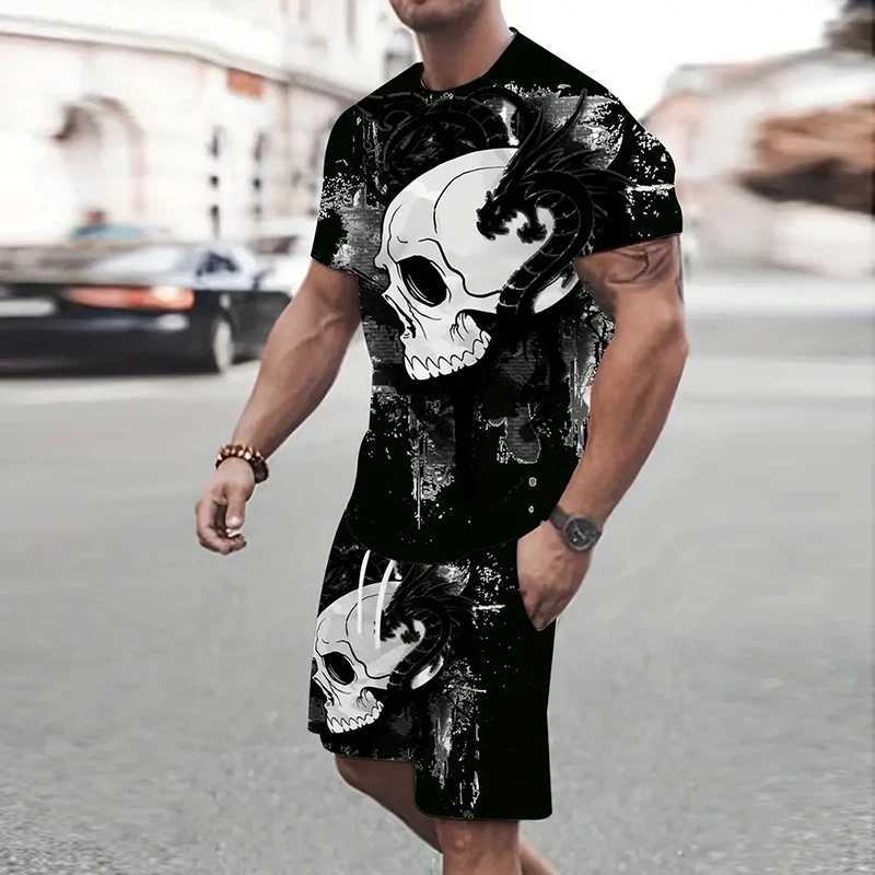 2024 Mens Suit Printed 3D Skull Pattern Oversized Mens Shirt Y2K Style T-Shirt Shorts Summer Leisure Sports Mens Running Suit W250609