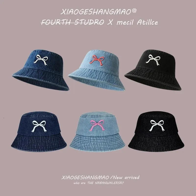 A Fishermans Hat Three-Dimensional Embroidery Bow Travel Shopping Washed Denim Basin Hat 250605