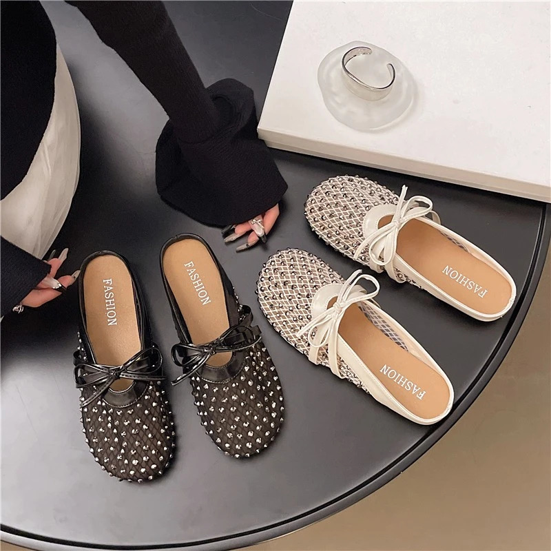 Summer Rhinestone Mary Jane Baotou Slippers Womens Summer Outward Wear Round Toe Shallow Mouth Bow Half Slippers 250603
