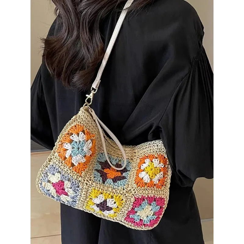 Summer Handmade Hook Retro Flower Crossbody Womens Bag Single Shoulder Paper Rope Crochet Flip Ethnic Style Handbag 250605