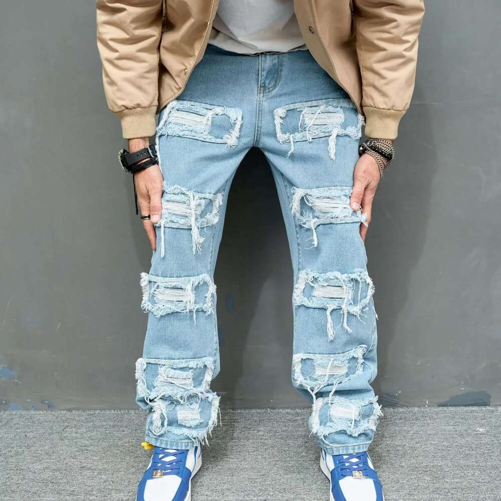 European and American Fashion Youth High Street Brand Bionic Jeans, Trendy Solid Color Slim-Fit Ripped Stretch Jeans