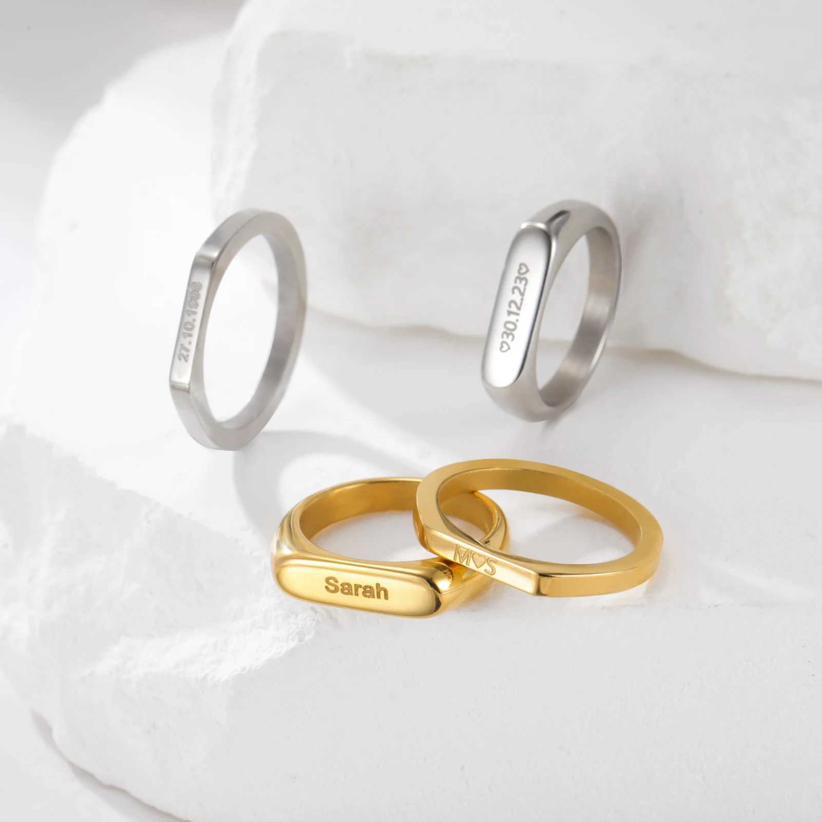 COOLTIME Custom Engraved Name Men Ring Stainless Steel Personalized Signet Monogram Women Rings Jewelry Birthday Gift W250606