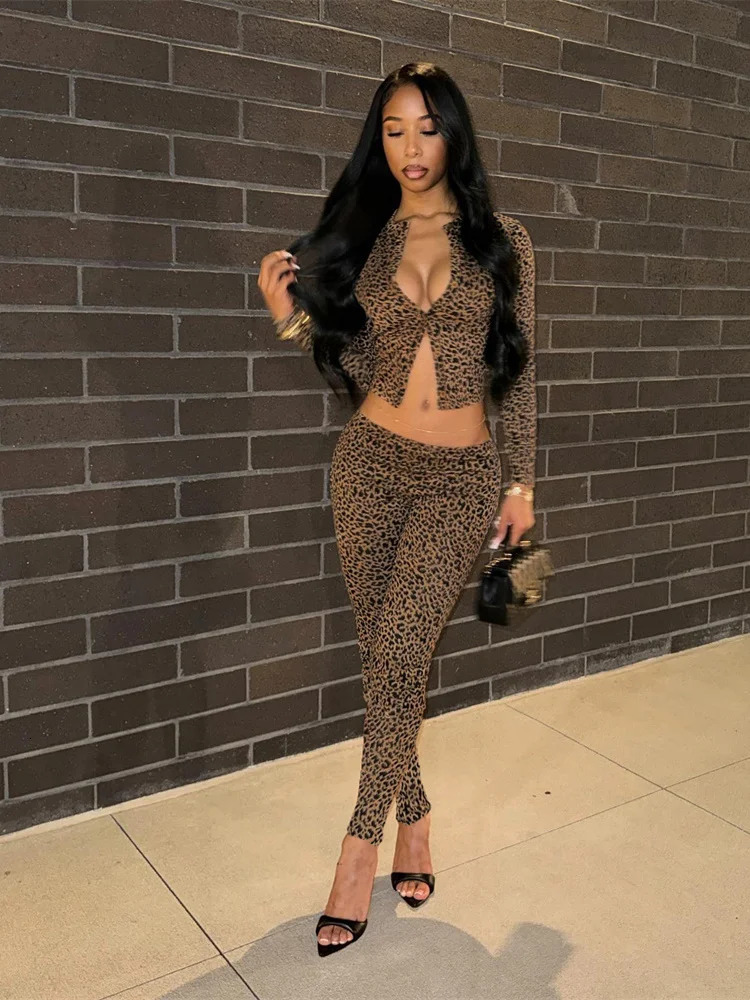 Nibber 2 Piece Set Leopard Print Woman Button-Down Mini Long-Sleeved TopCropped Trousers Sexy Comfortable Wild Midnight Suit 250605