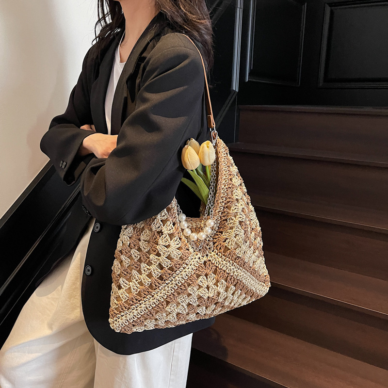 designer Woven Bag Beach 2025 Handmade Straw Hollow Bag Square Flower Triangle Color-Block Woven Shoulder Tote Handbag