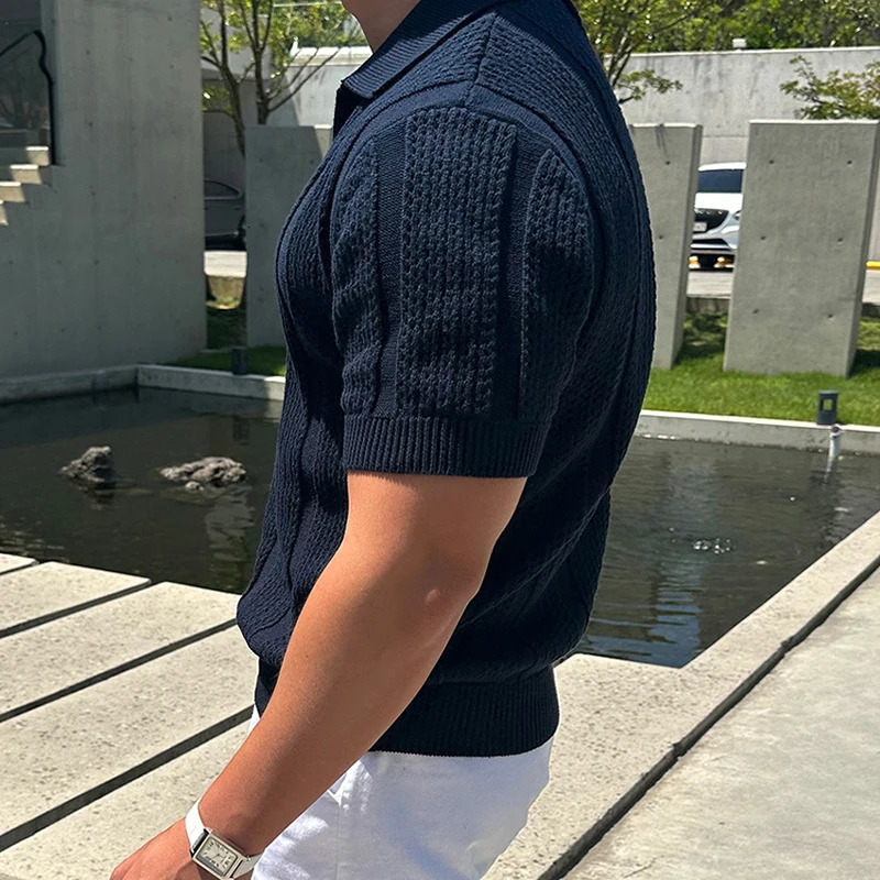 Fashion Mesh Knitted Polo Shirts Men Trendy Slim Fit Short Sleeve Breathable Knit T Shirt Mens Spring Summer Streetwear Polo Tee 250605