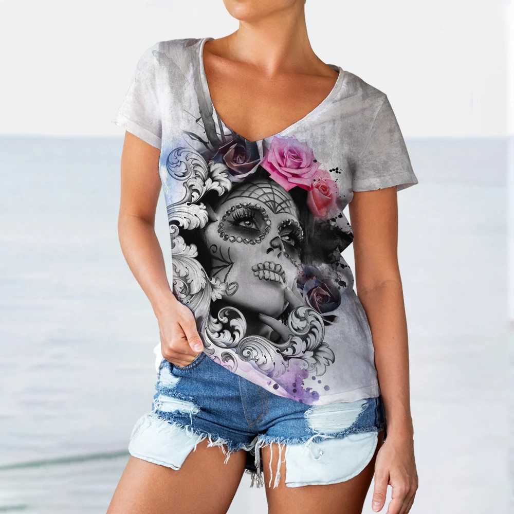 Skulls T-shirt Womens Shirt Fashion Short Sleeve New Casual Top Tee Ladies Girl Clothing V Neck T Shirt For Women W250607